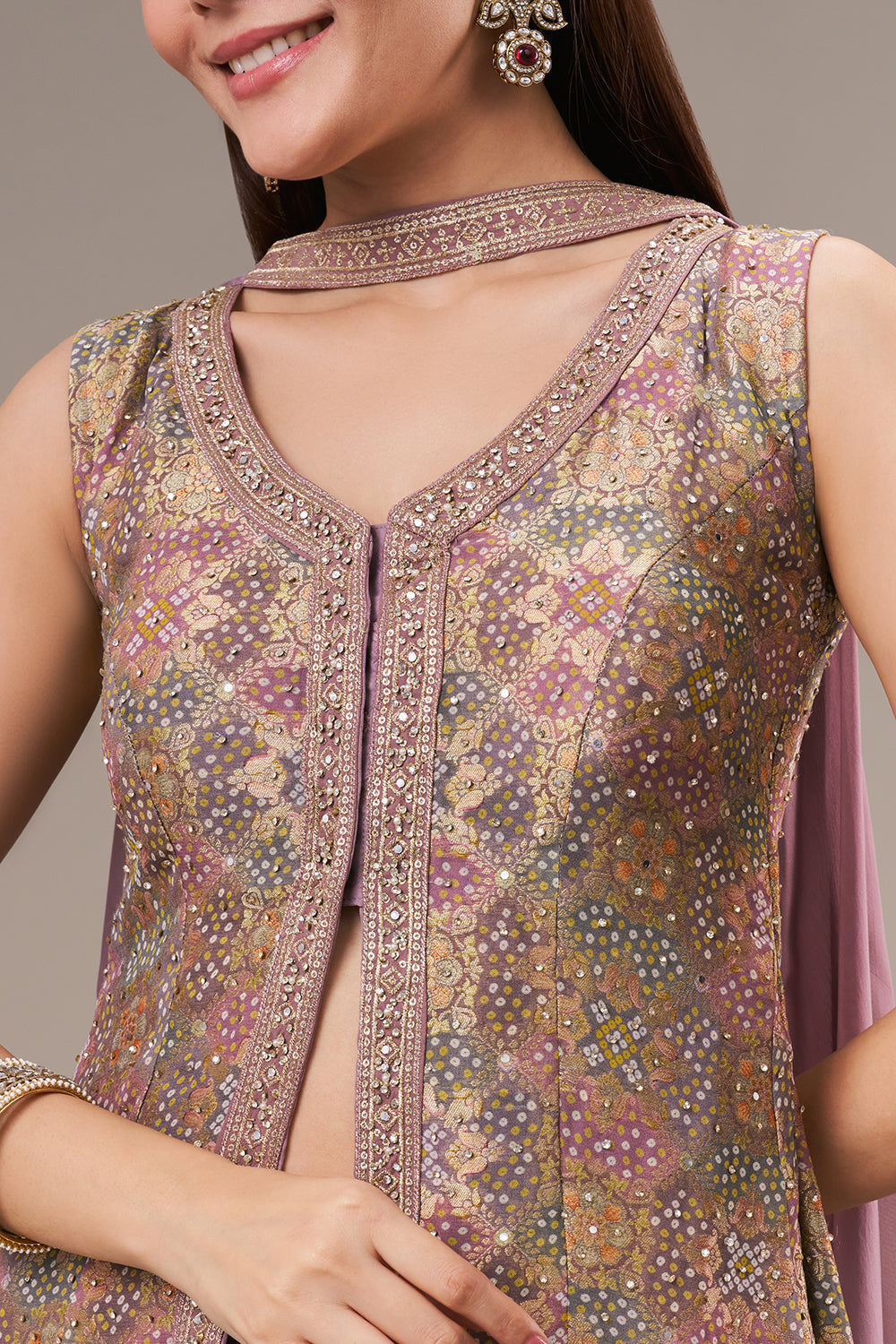 Lavender Khadi Georgette Palazzo Suit with Sequin and Zari Work