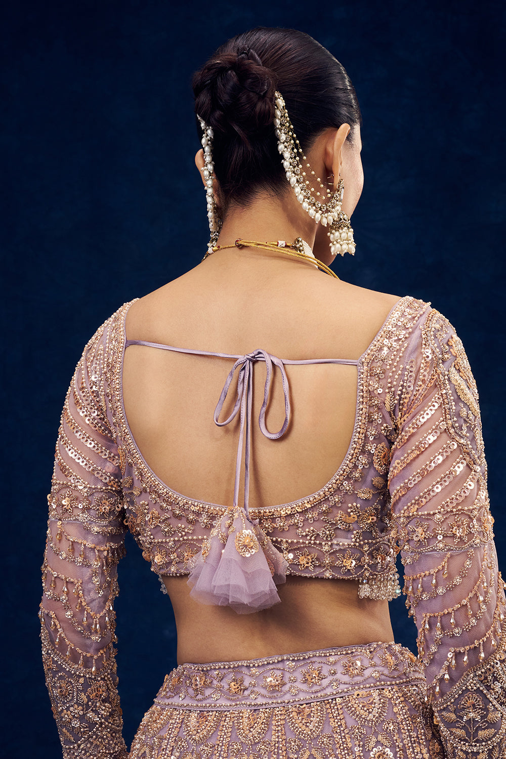Lavender Net Lehenga with Cutdana and Pearl Hand Work