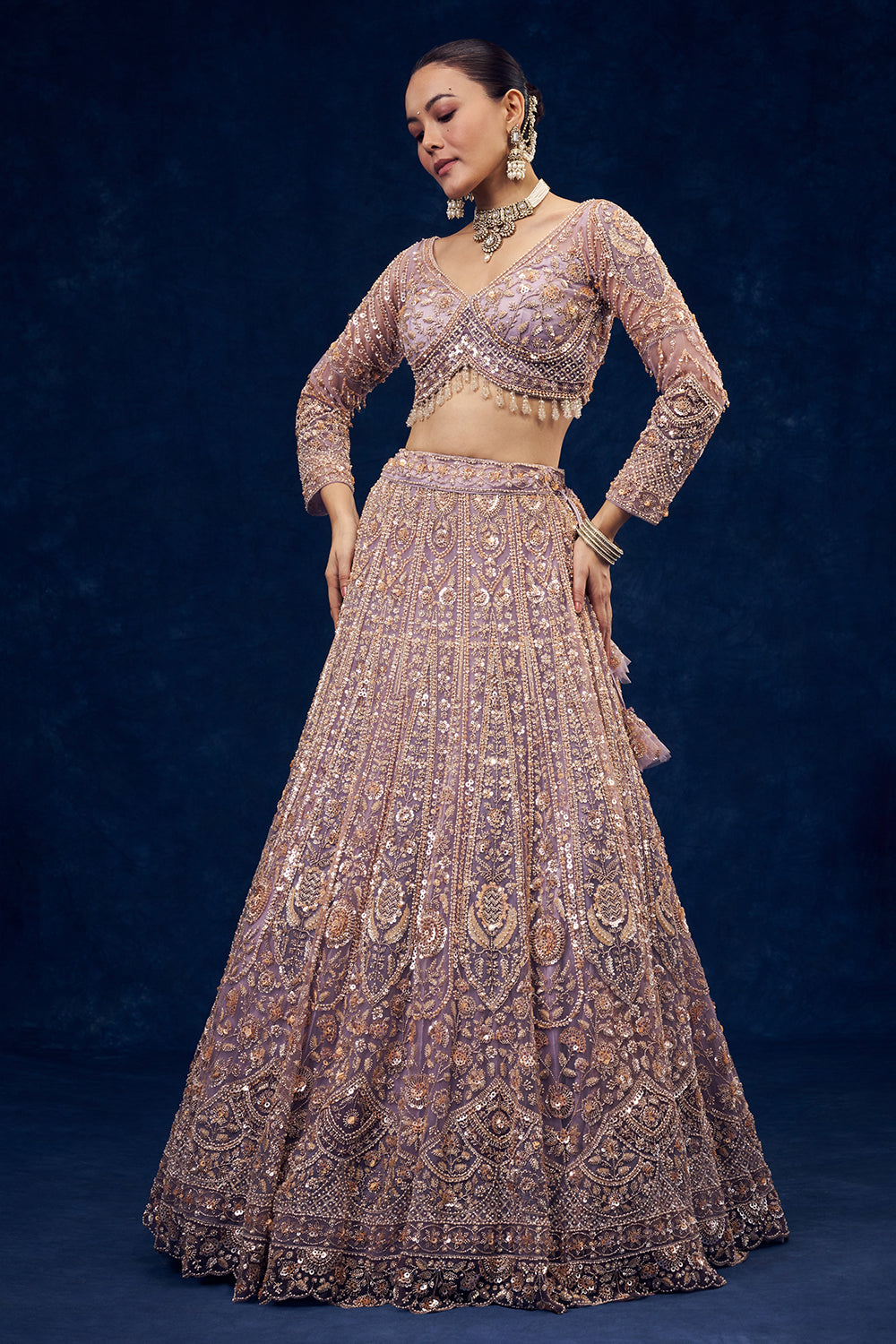 Lavender Net Lehenga with Cutdana and Pearl Hand Work