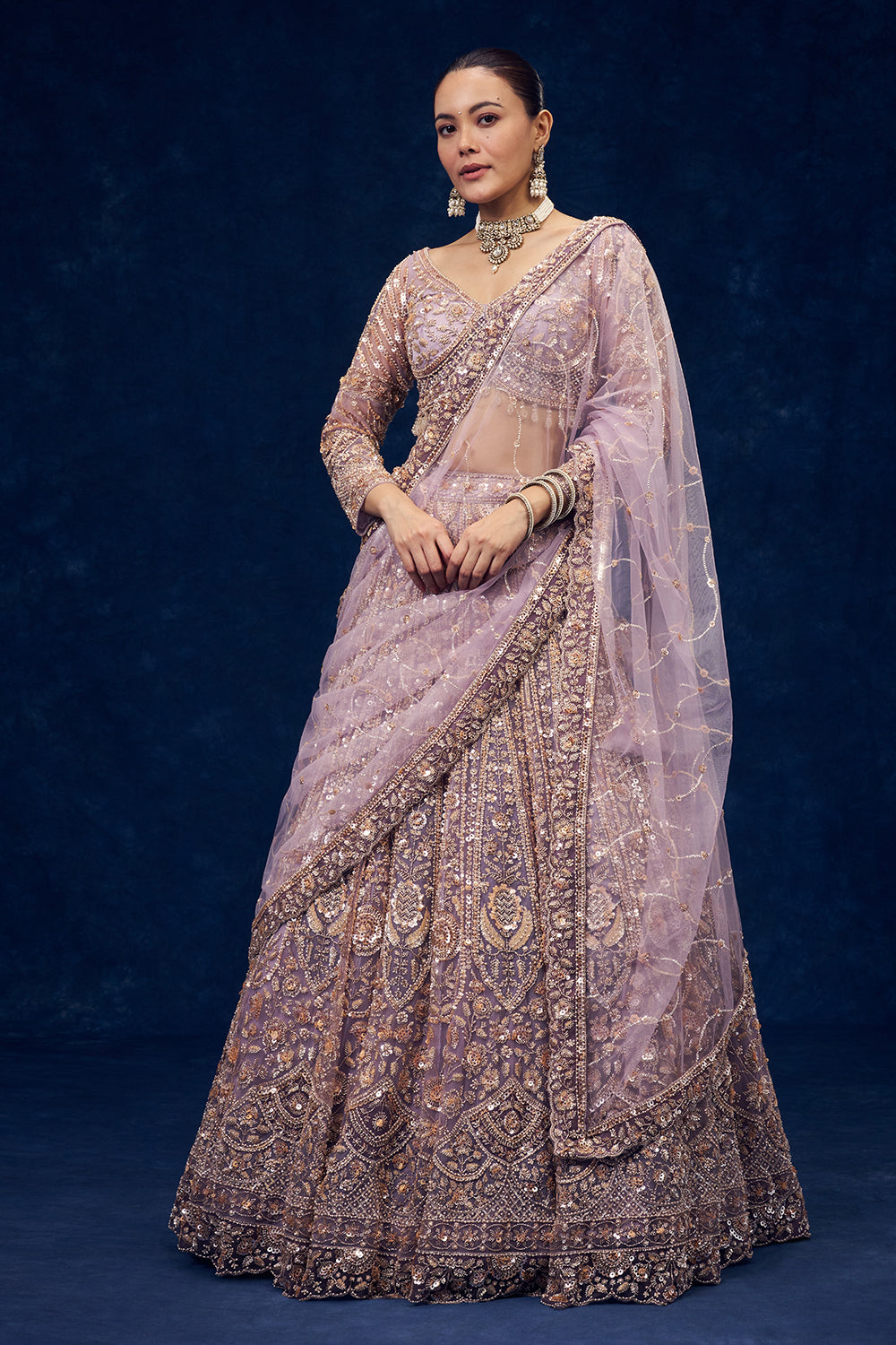 Lavender Net Lehenga with Cutdana and Pearl Hand Work