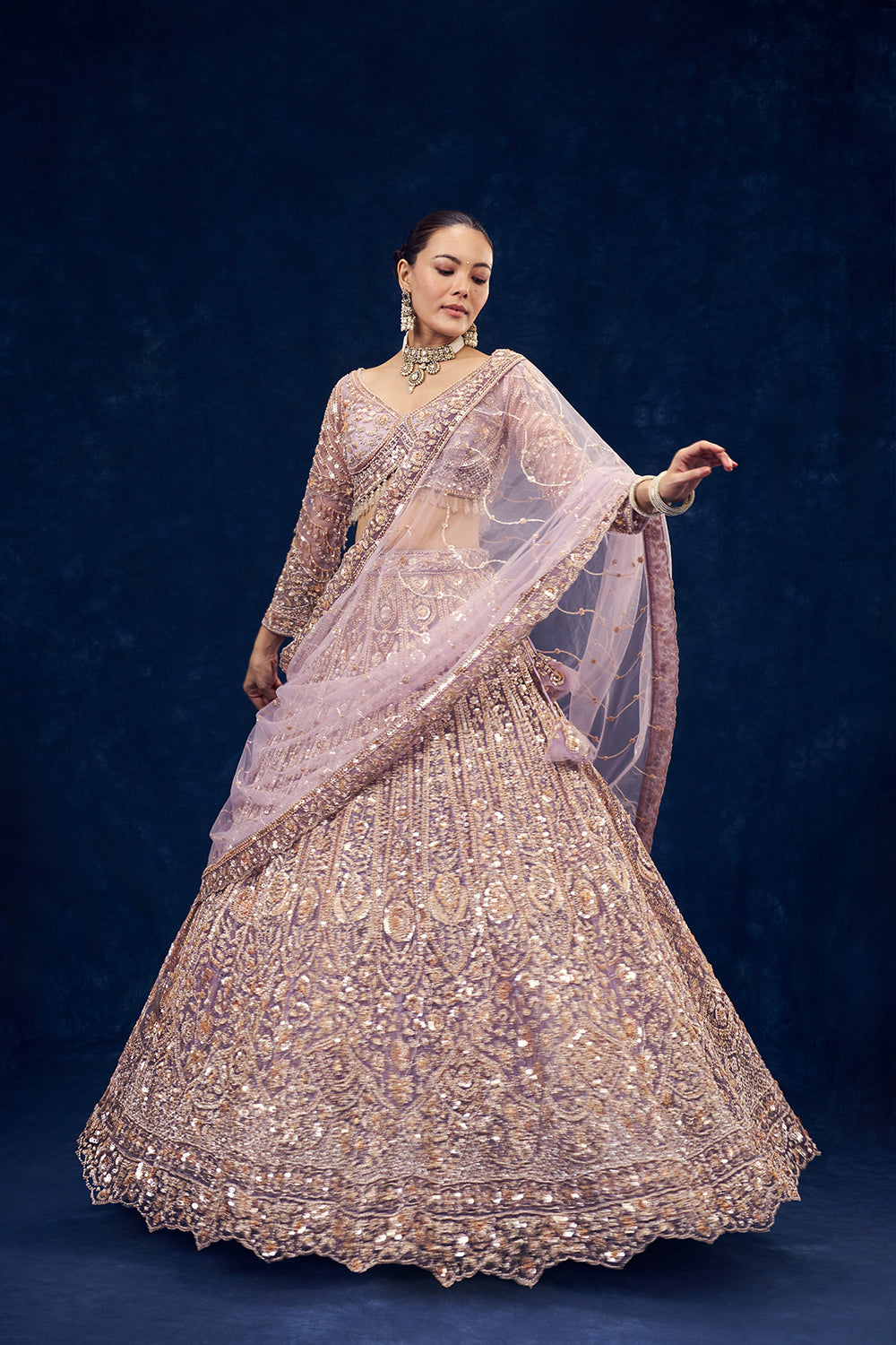 Lavender Net Lehenga with Cutdana and Pearl Hand Work
