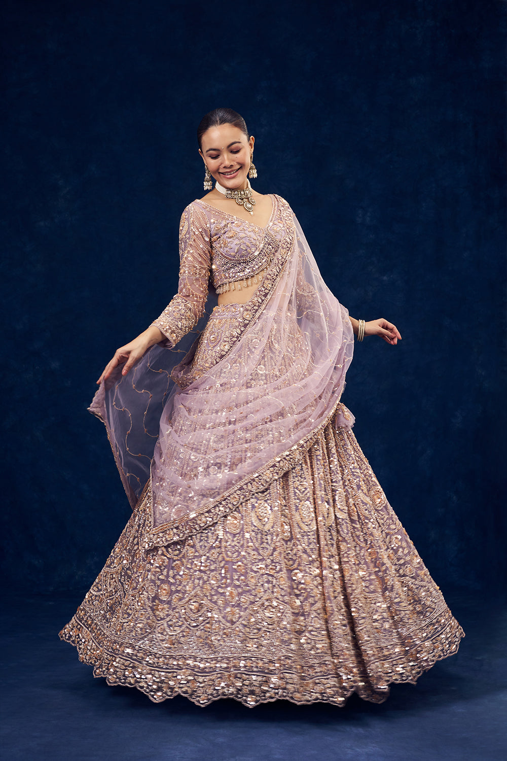 Lavender Net Lehenga with Cutdana and Pearl Hand Work