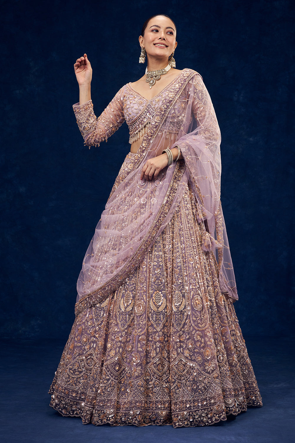 Lavender Net Lehenga with Cutdana and Pearl Hand Work