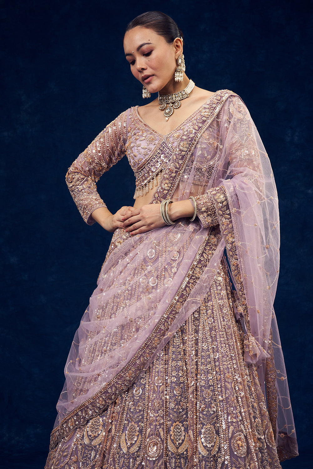 Lavender Net Lehenga with Cutdana and Pearl Hand Work