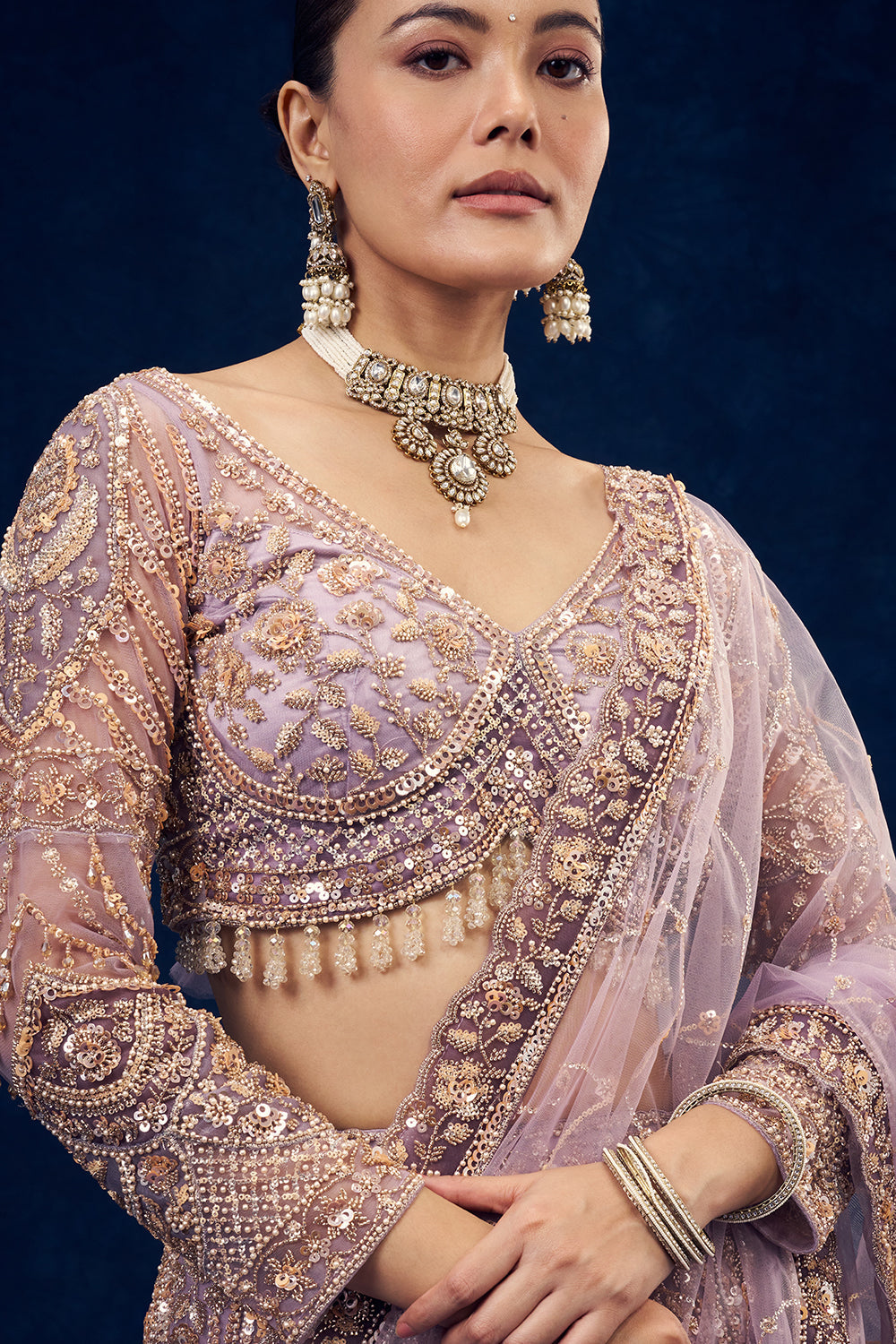 Lavender Net Lehenga with Cutdana and Pearl Hand Work