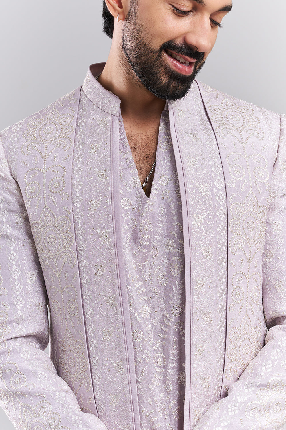 Lavender Nokia Silk Embroidered Men’s Indo-Western Set