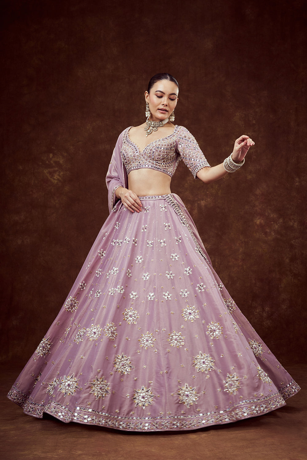 Lavender Shimmer Crush Bridesmaid Lehenga with Ornate Accents