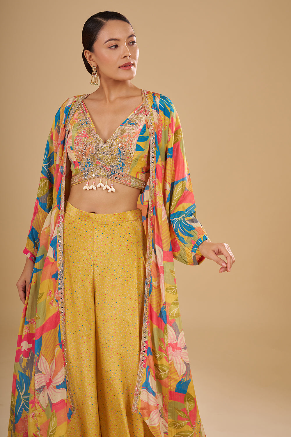 Lemon Yellow Multicolour Floral Printed Pure Crepe Cape Set with Sequins, Cut Dana and Mirror Work