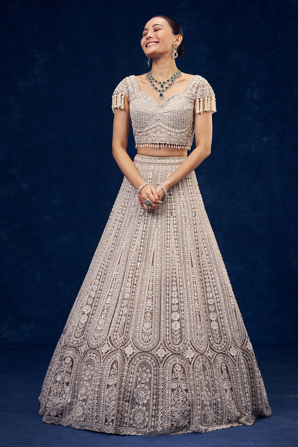 Light Beige Net Lehenga with Cutdana and Sequins Handwork