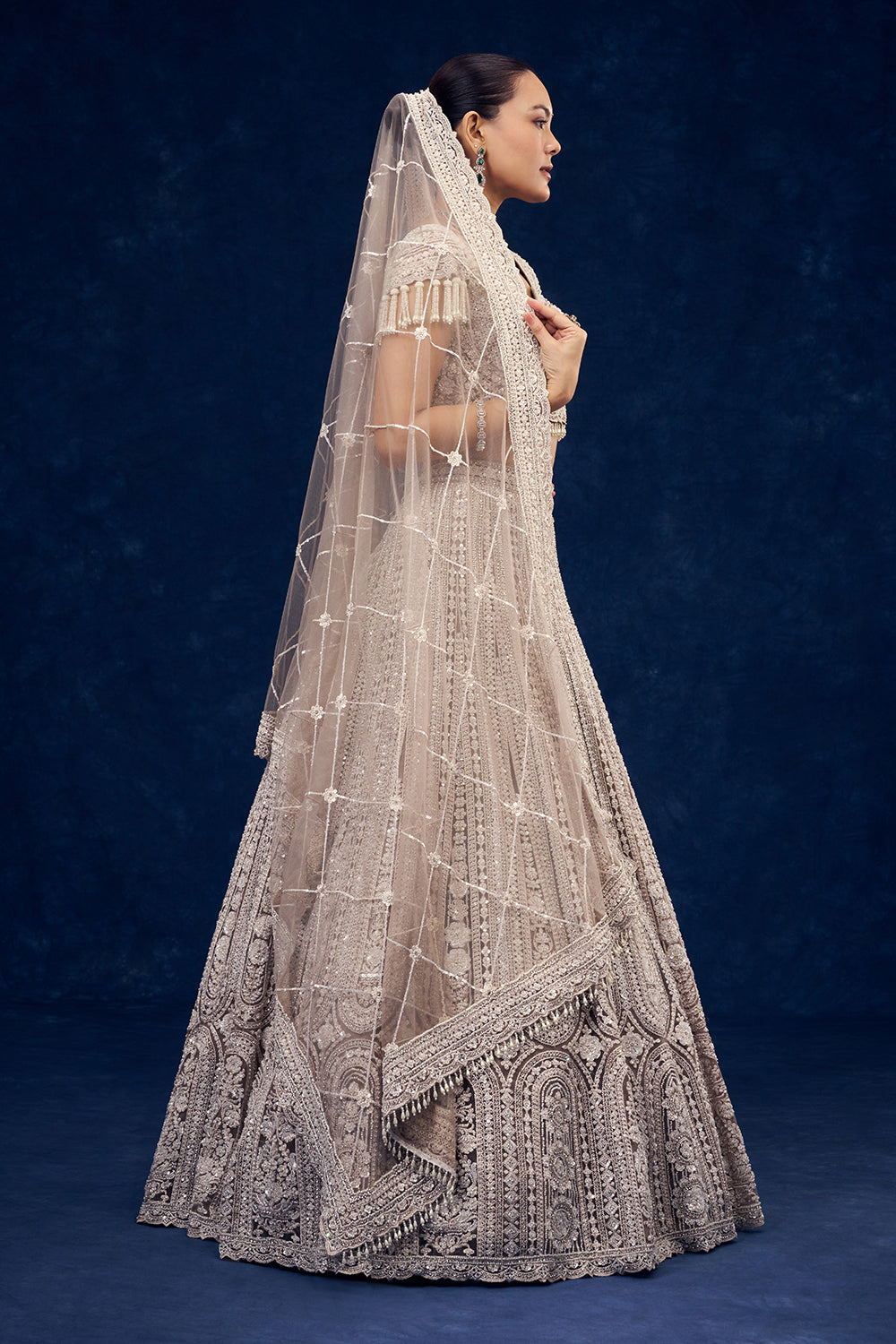 Light Beige Net Lehenga with Cutdana and Sequins Handwork