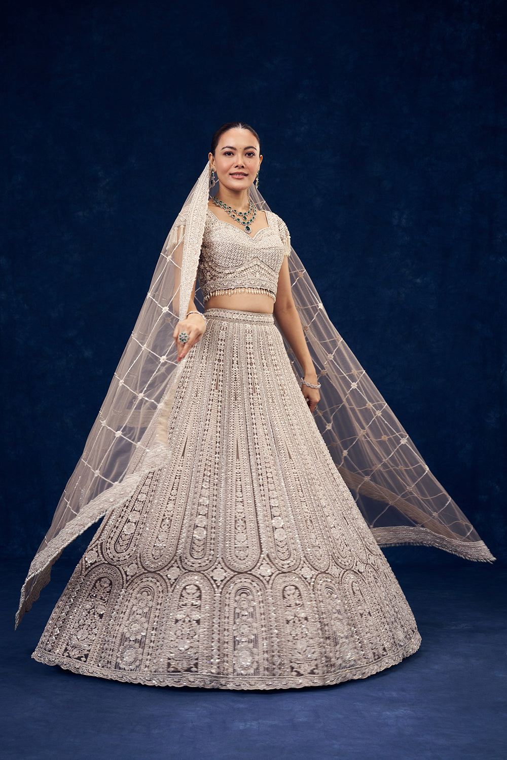 Light Beige Net Lehenga with Cutdana and Sequins Handwork
