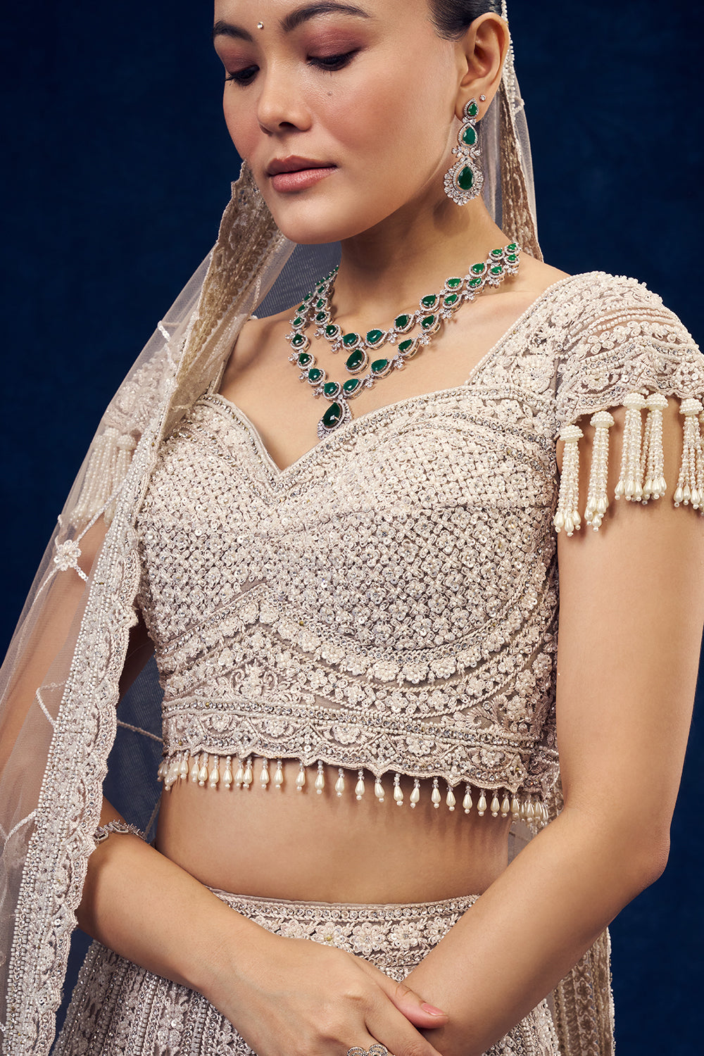 Light Beige Net Lehenga with Cutdana and Sequins Handwork