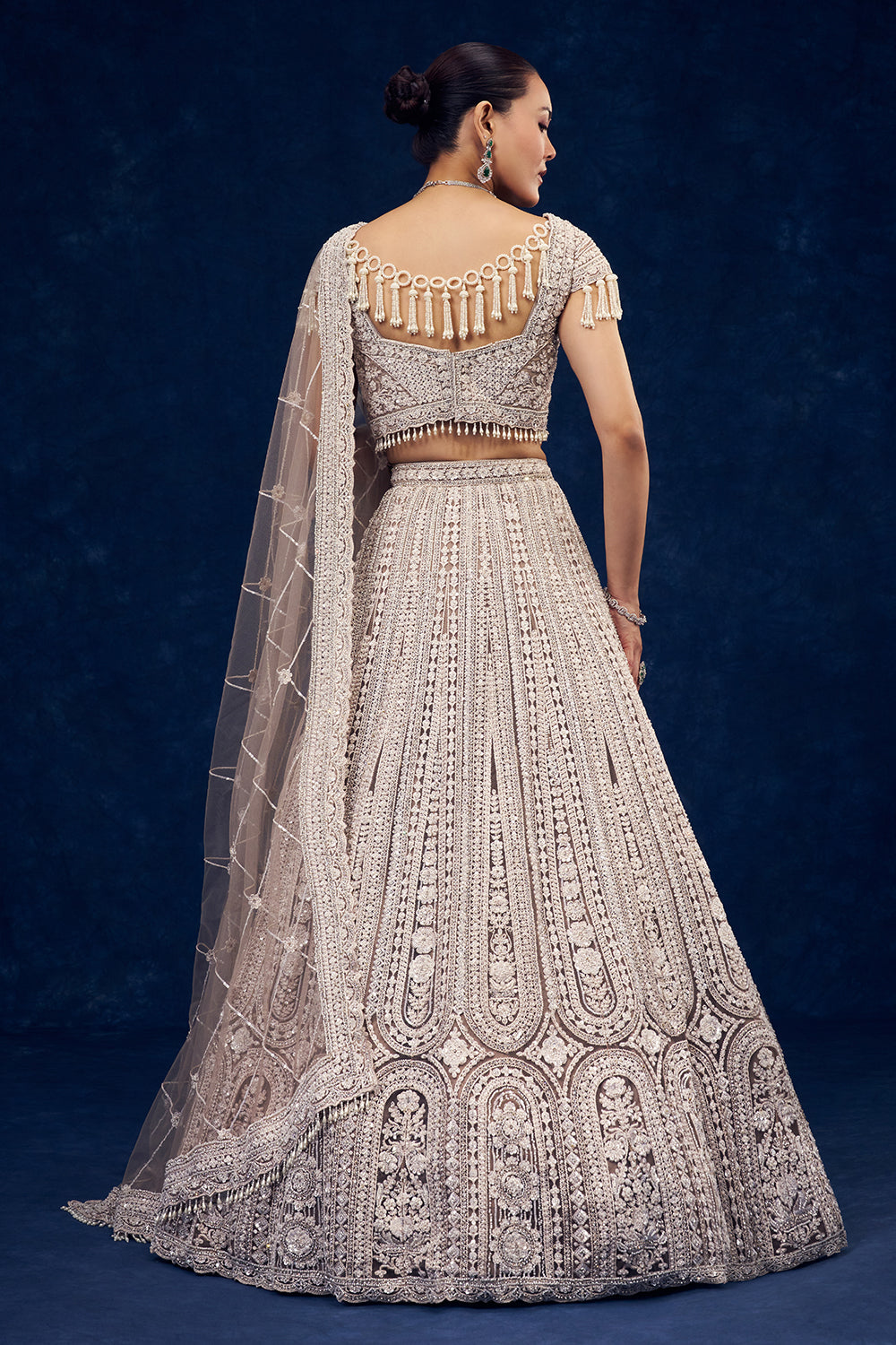 Light Beige Net Lehenga with Cutdana and Sequins Handwork