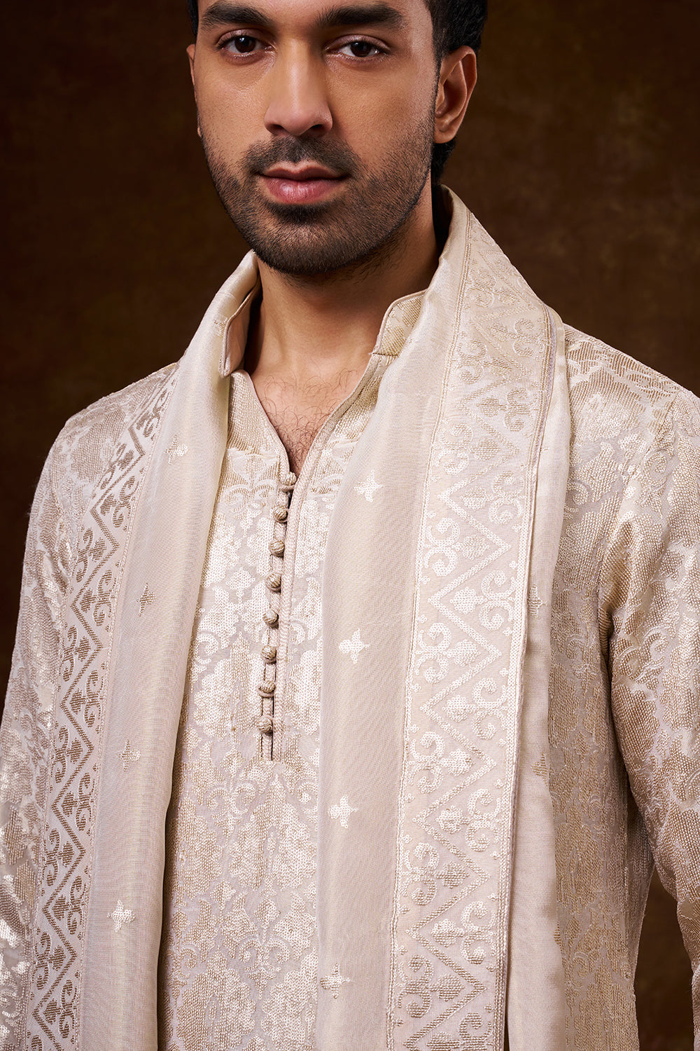 Light Beige Shimmer Silk Men's Kurta Set with Threadwork