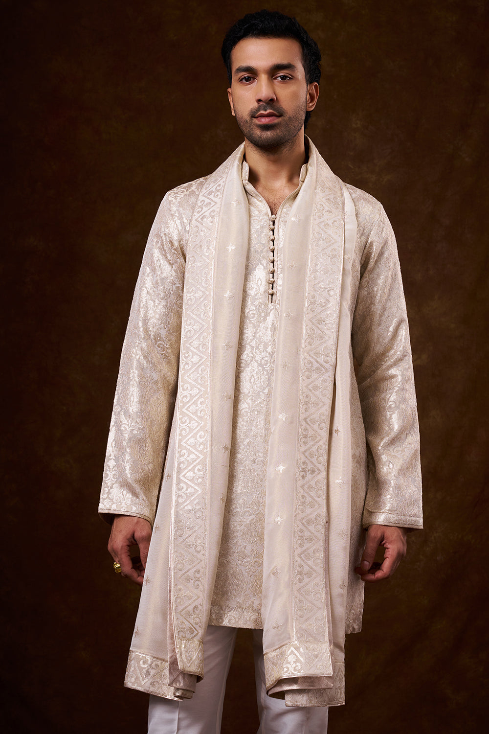 Light Beige Shimmer Silk Men's Kurta Set with Threadwork