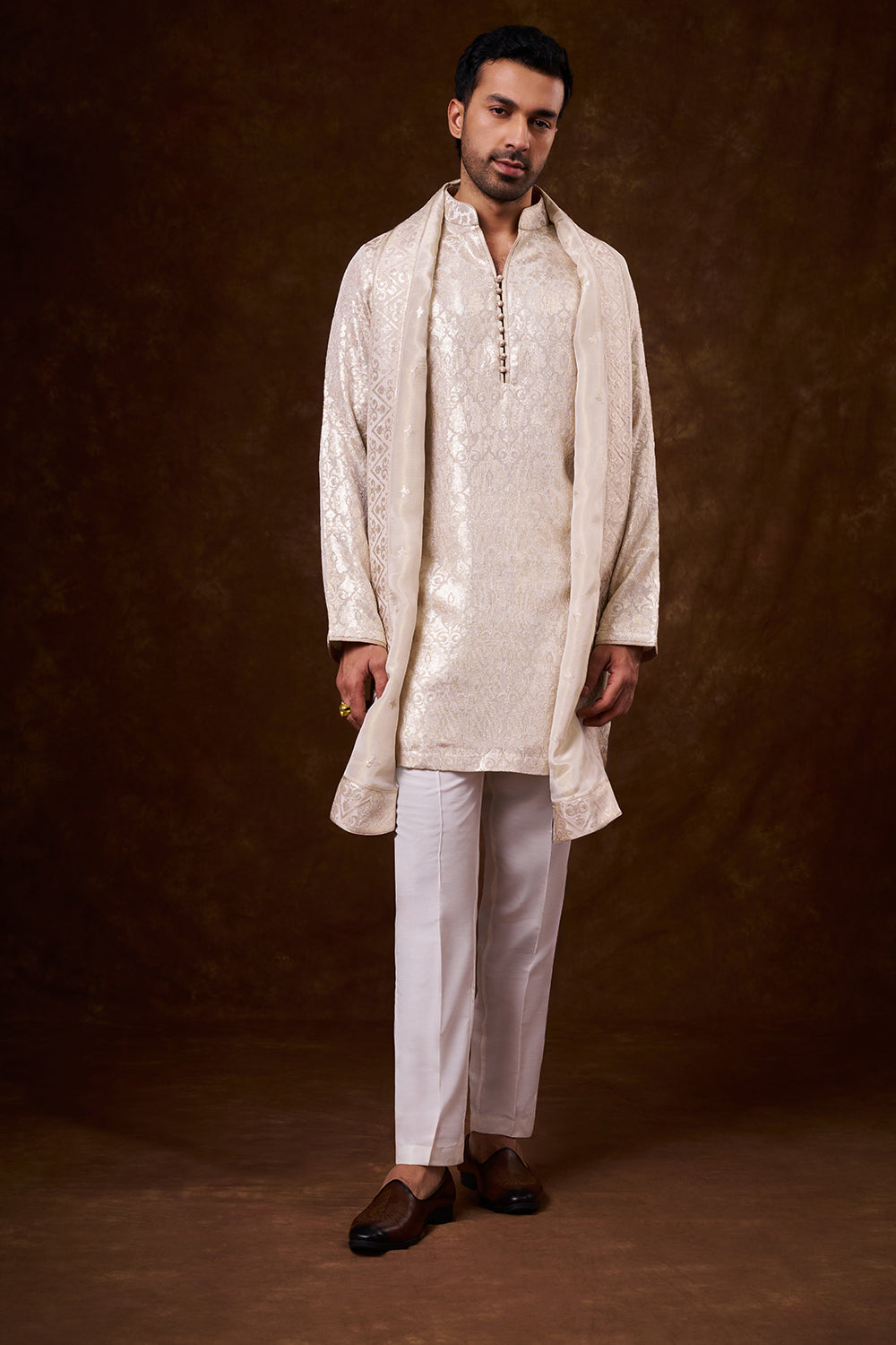 Light Beige Shimmer Silk Men's Kurta Set with Threadwork