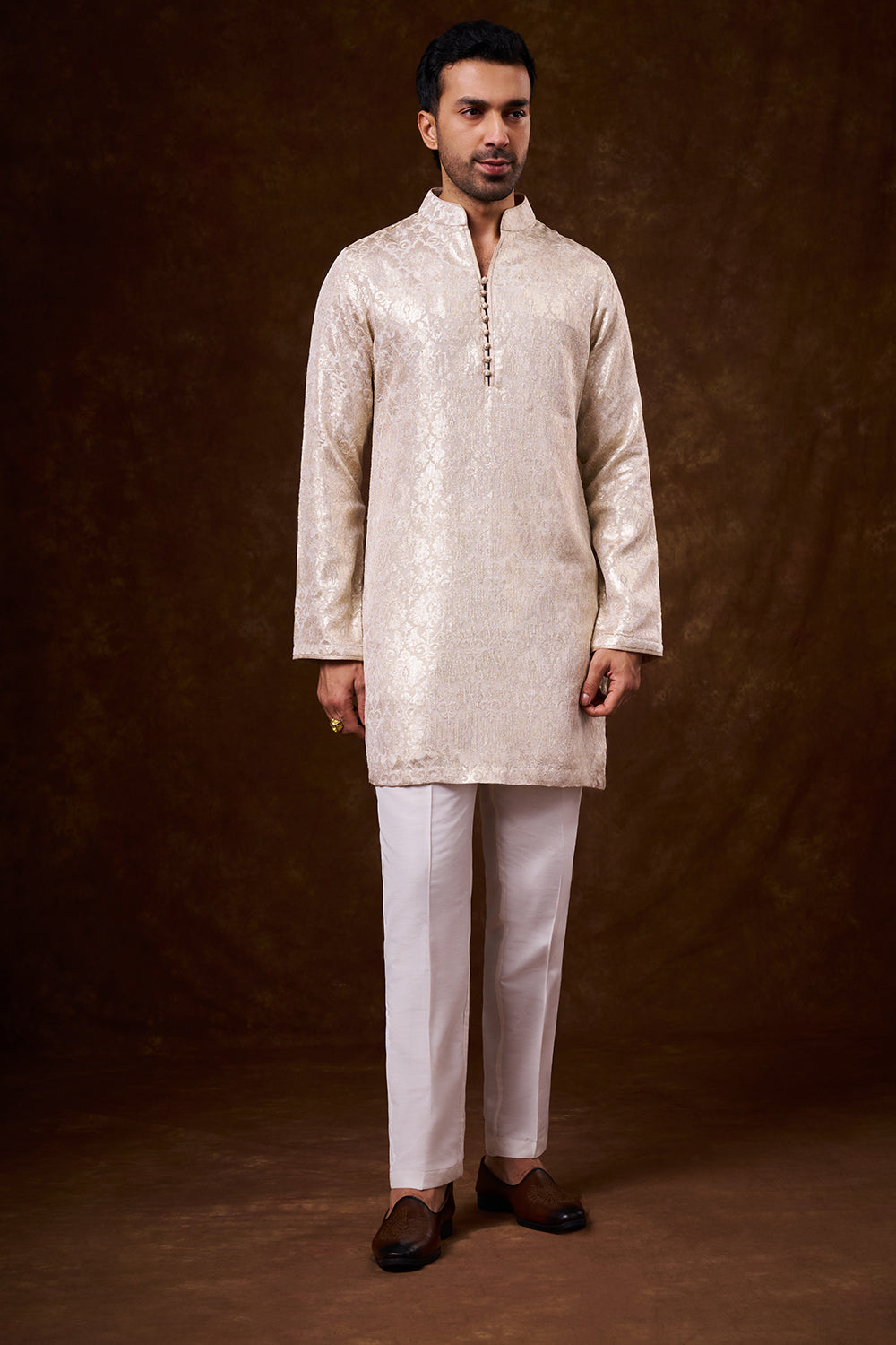 Light Beige Shimmer Silk Men's Kurta Set with Threadwork