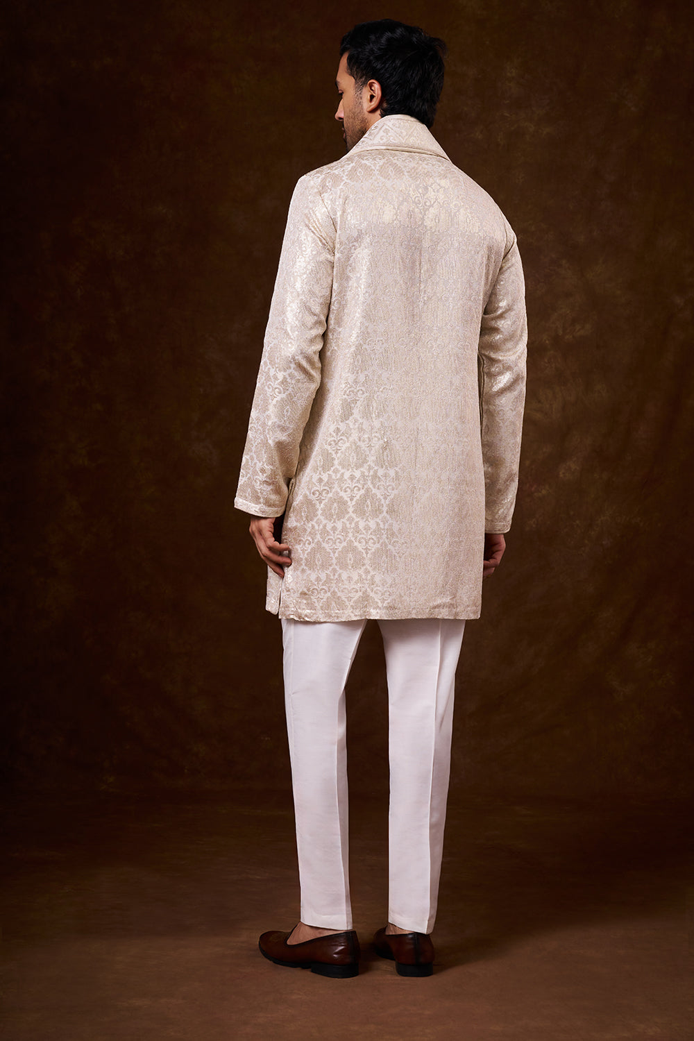 Light Beige Shimmer Silk Men's Kurta Set with Threadwork