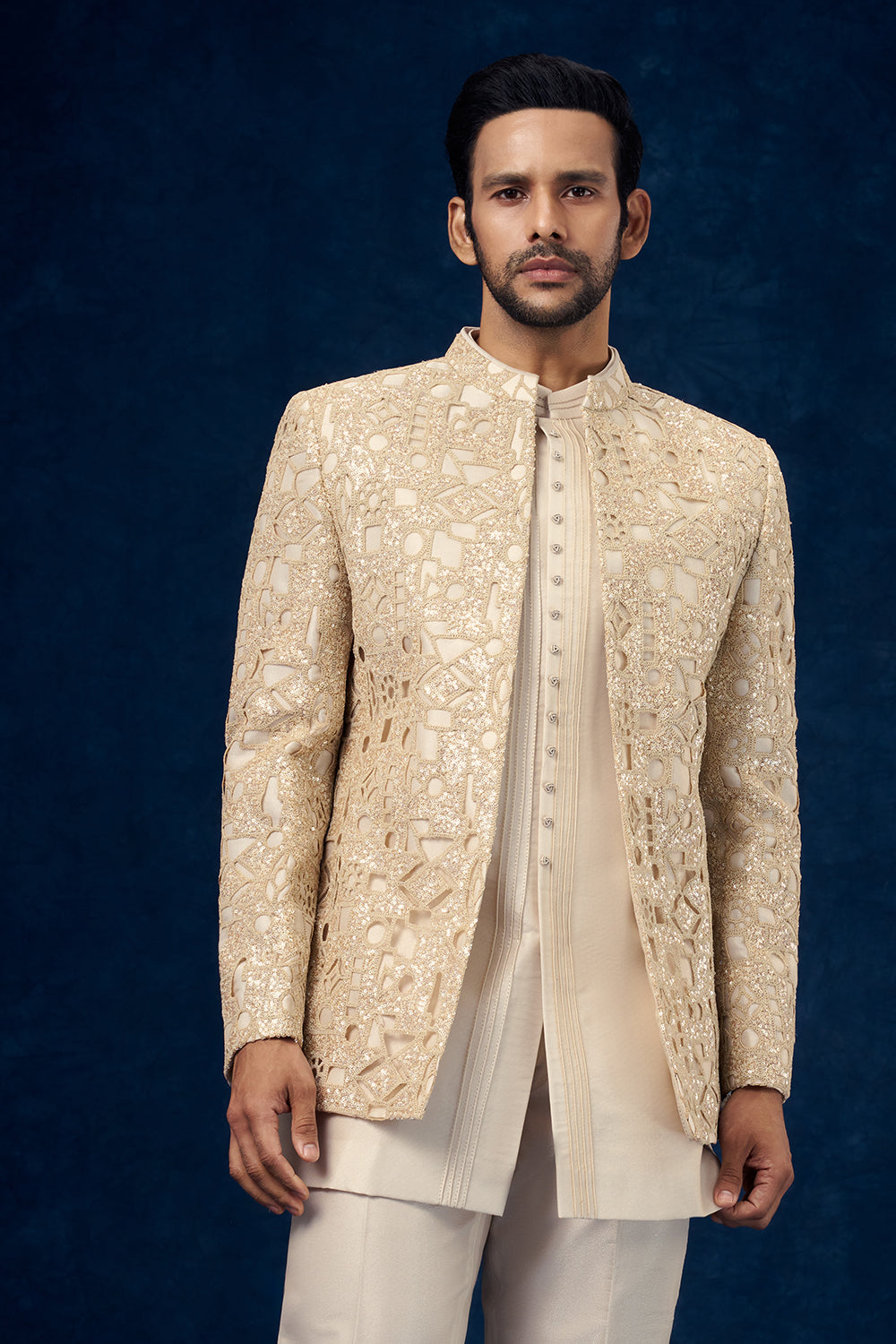Light Beige Viscose Mens Jodhpuri Set with Cutwork and Sequin Work