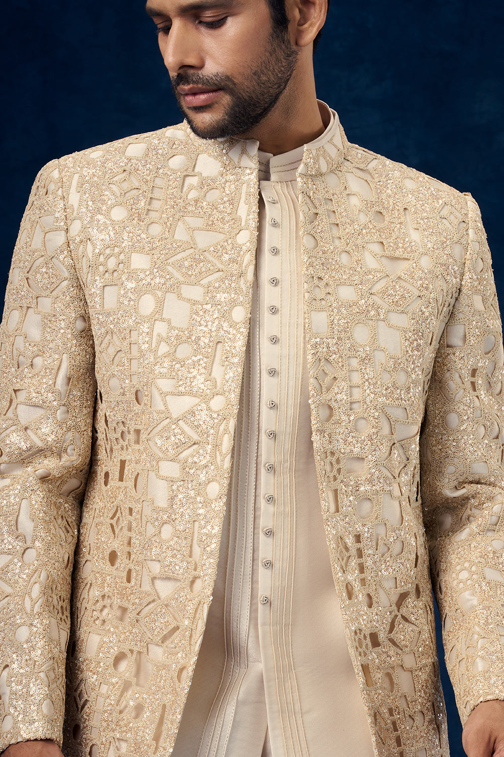 Light Beige Viscose Mens Jodhpuri Set with Cutwork and Sequin Work