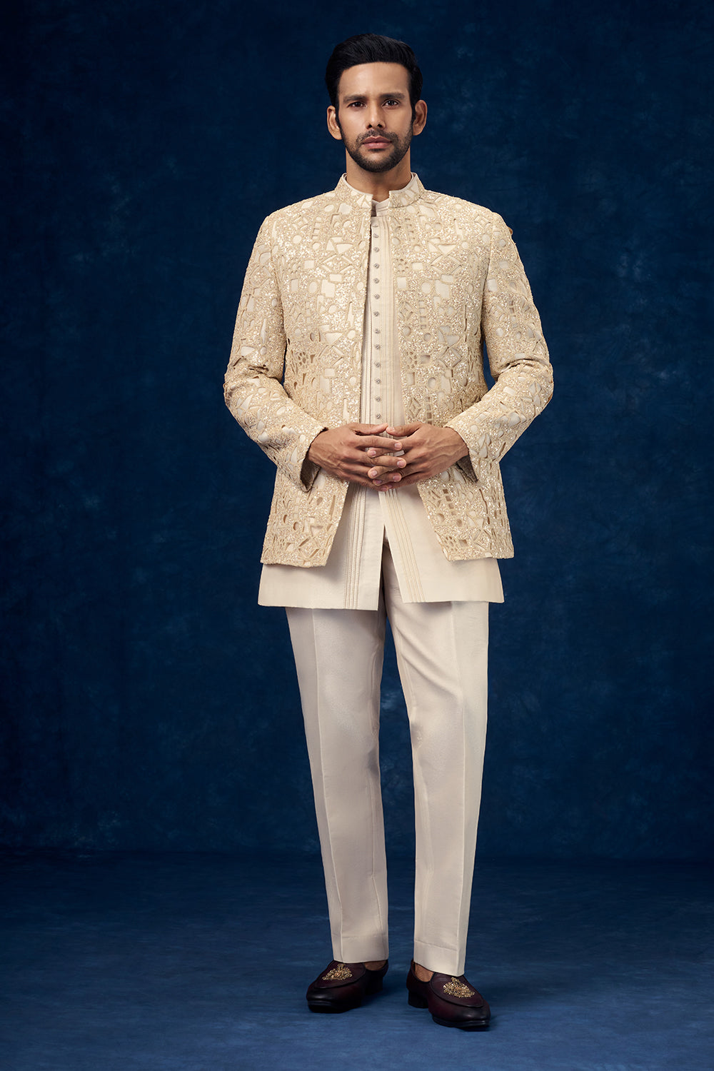 Light Beige Viscose Mens Jodhpuri Set with Cutwork and Sequin Work