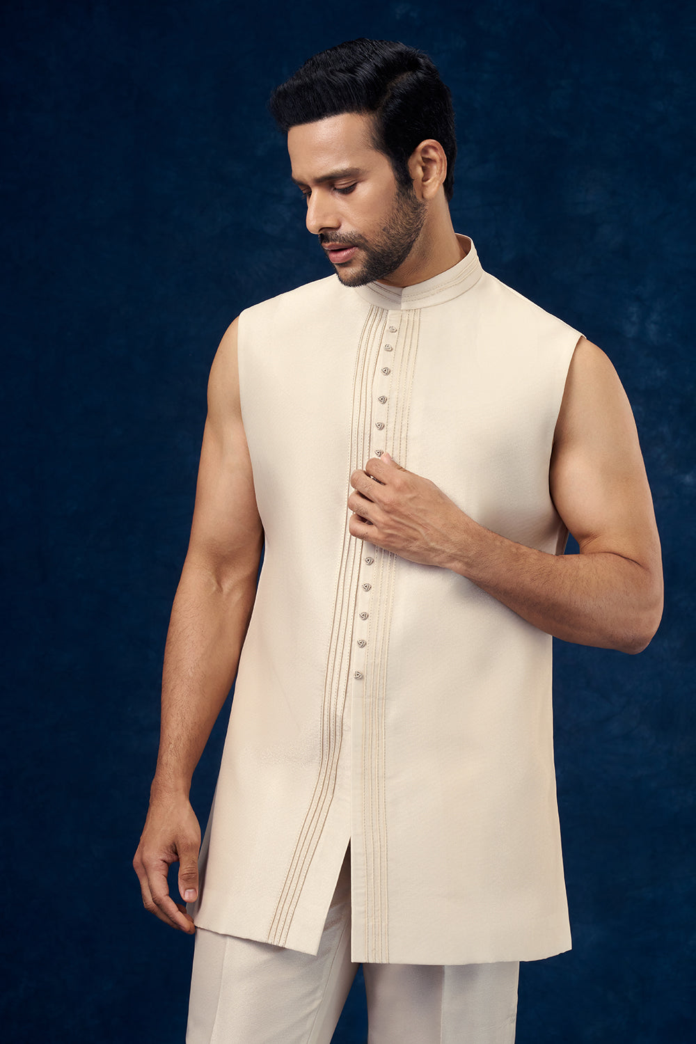Light Beige Viscose Mens Jodhpuri Set with Cutwork and Sequin Work