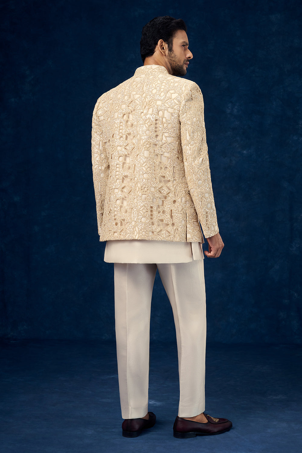 Light Beige Viscose Mens Jodhpuri Set with Cutwork and Sequin Work