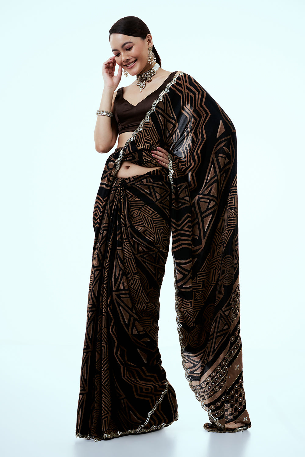 Light Brown Crepe Saree with Geometric Print