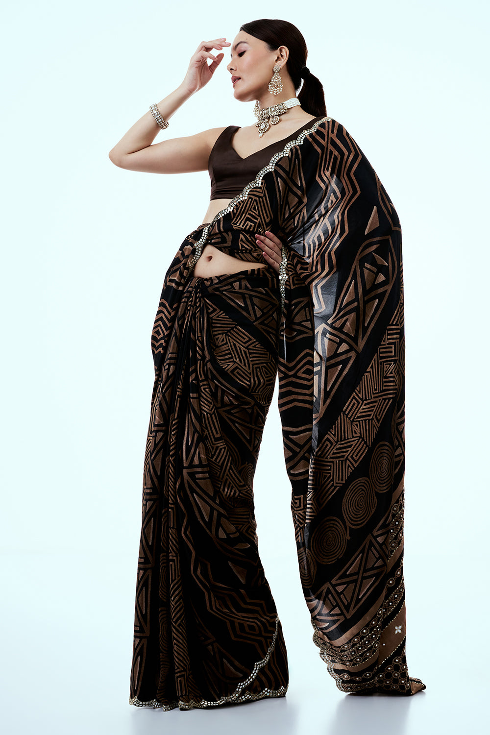 Light Brown Crepe Saree with Geometric Print