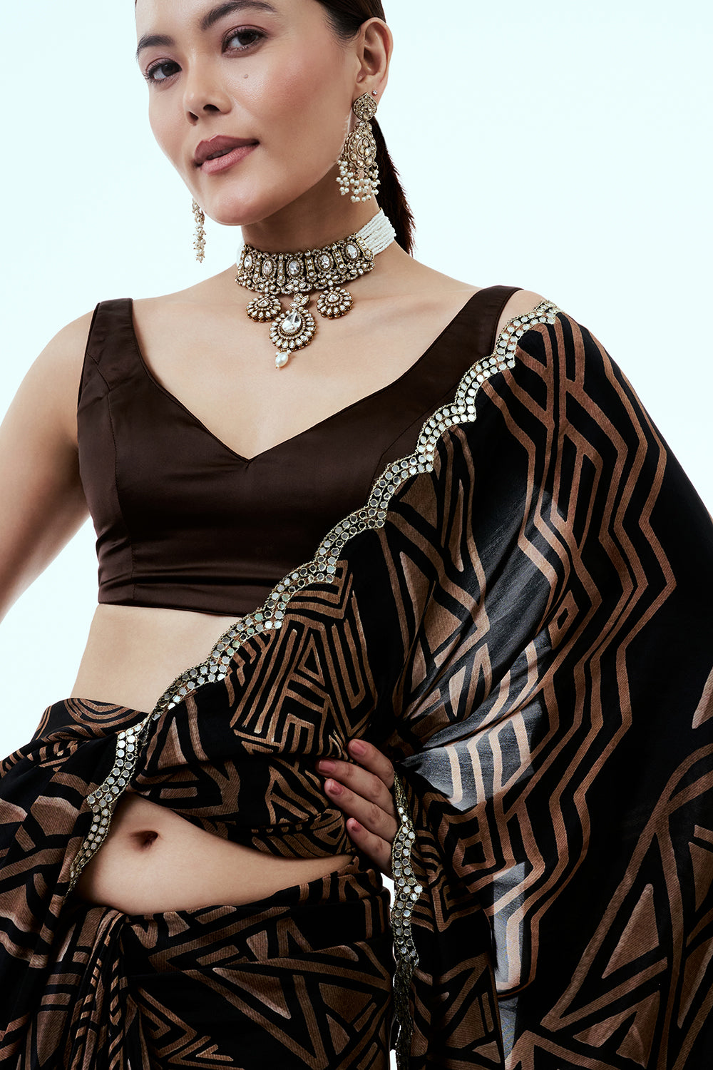Light Brown Crepe Saree with Geometric Print
