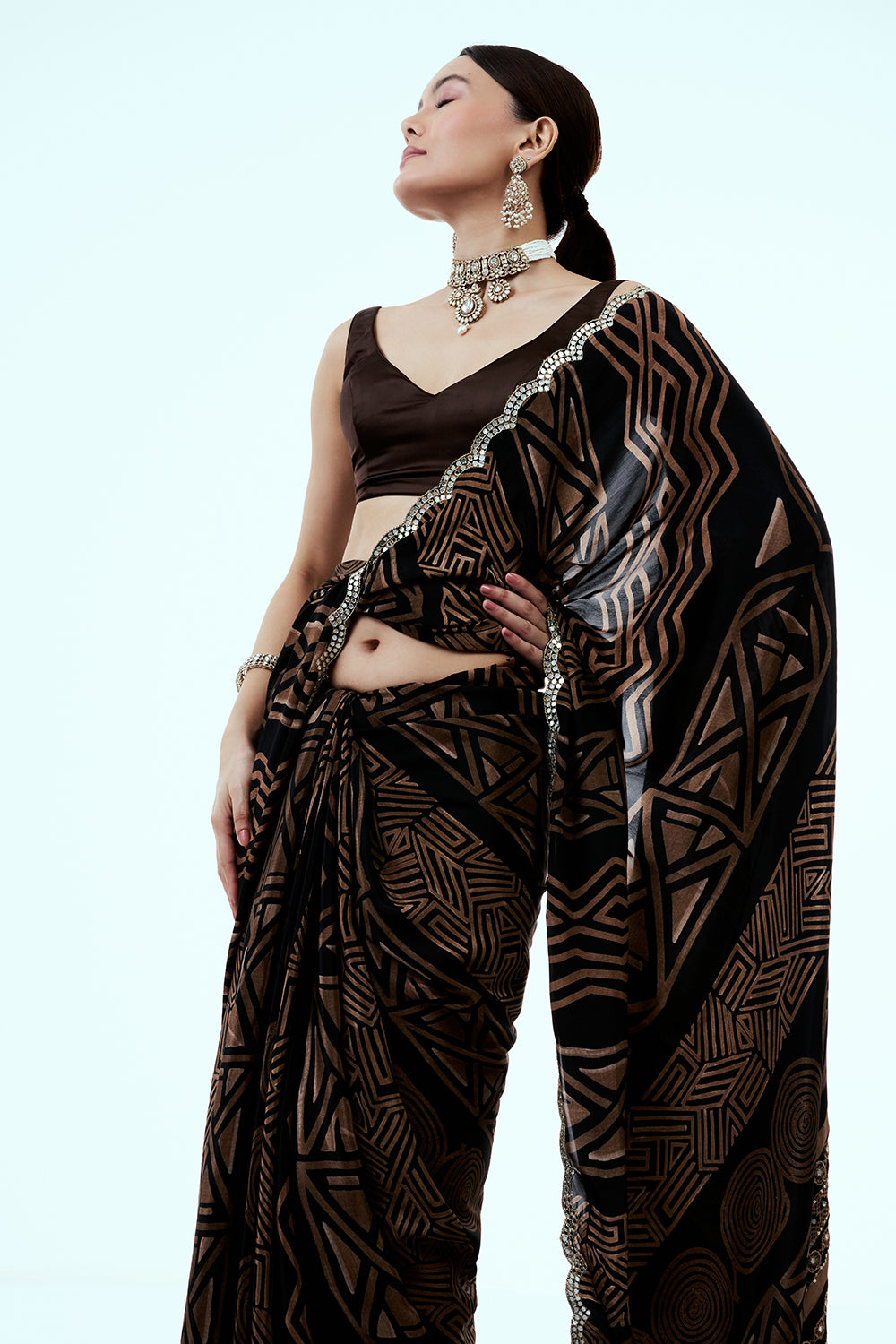 Light Brown Crepe Saree with Geometric Print