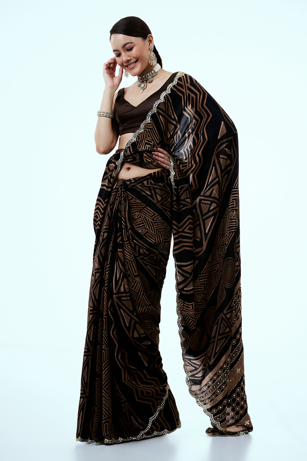 Light Brown Crepe Saree with Geometric Print