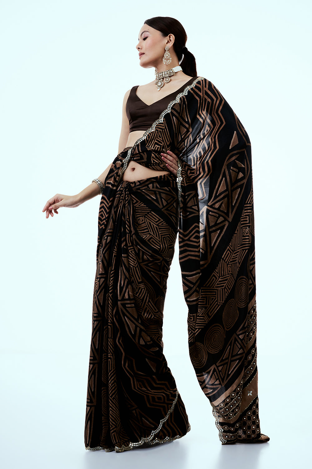 Light Brown Crepe Saree with Geometric Print