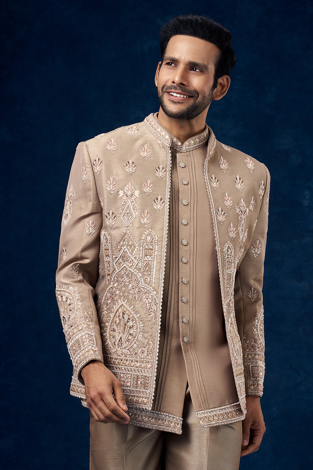 Light Brown Raw Silk Mens Jodhpuri Set with Pearl and Resham Work