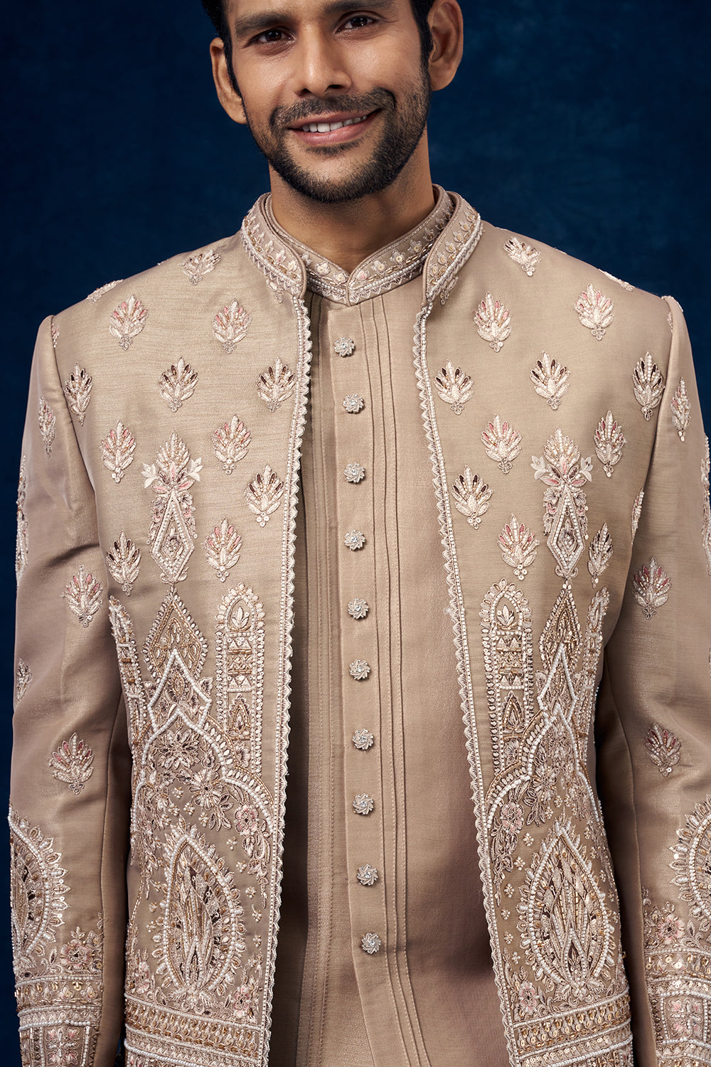 Light Brown Raw Silk Mens Jodhpuri Set with Pearl and Resham Work