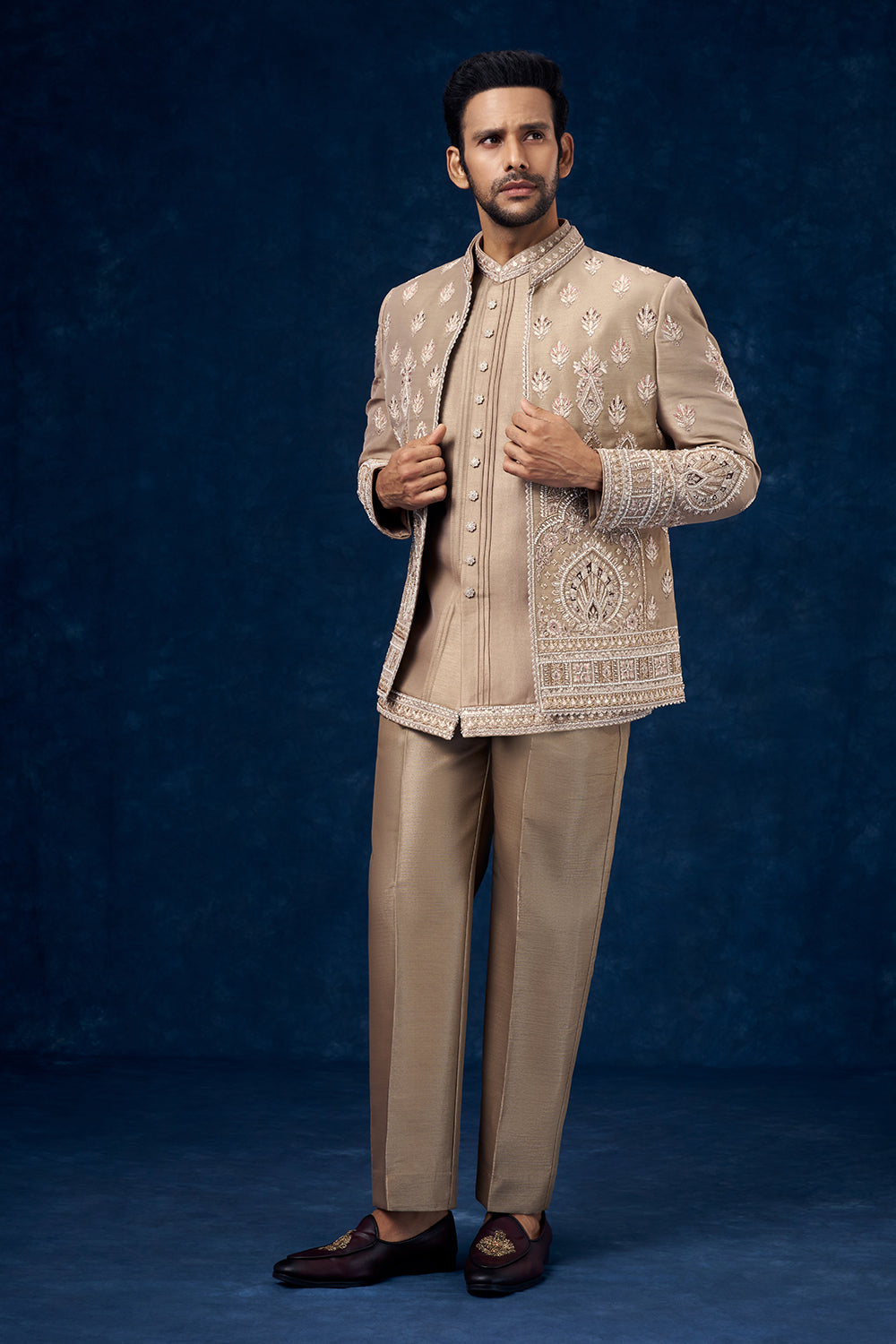 Light Brown Raw Silk Mens Jodhpuri Set with Pearl and Resham Work