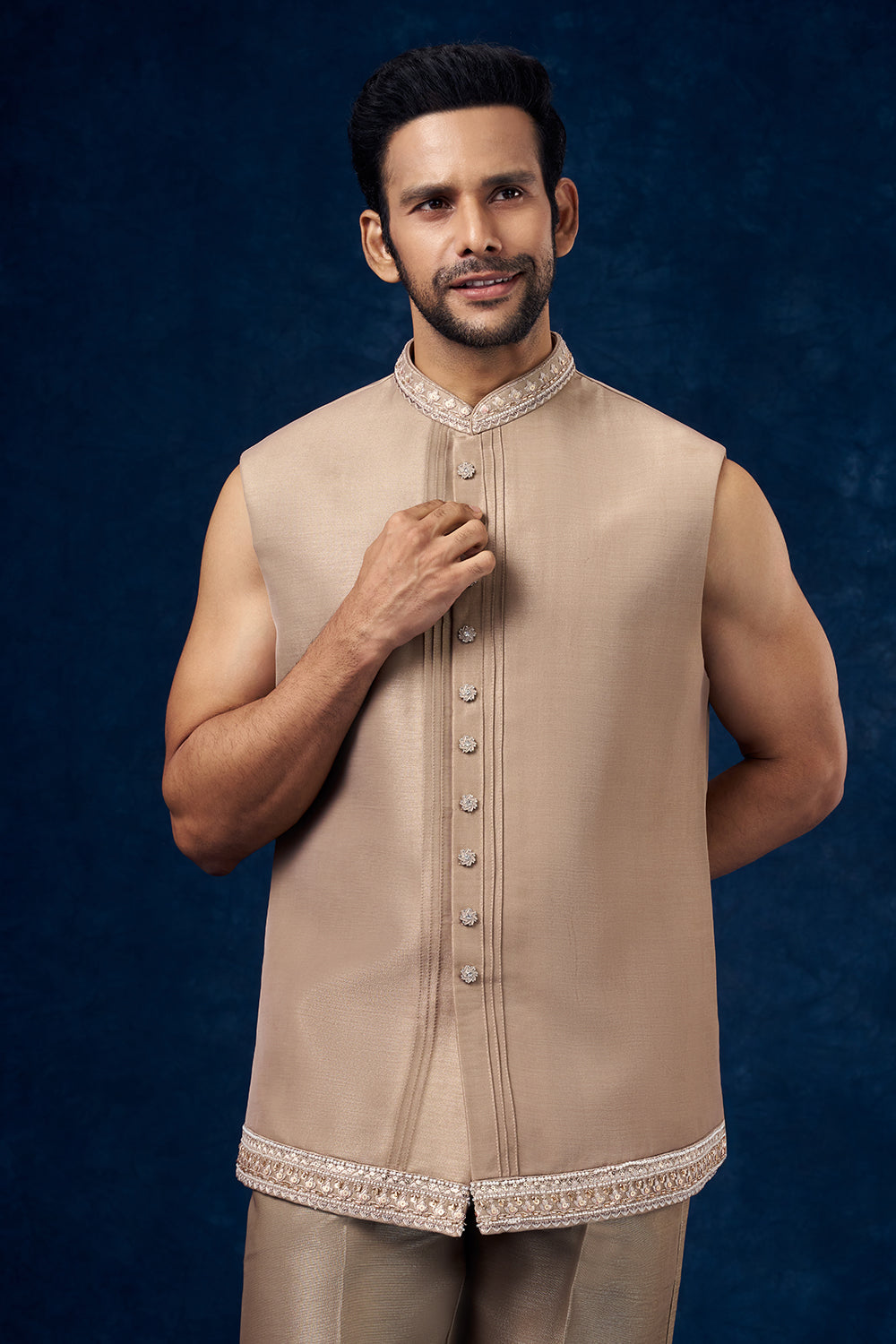 Light Brown Raw Silk Mens Jodhpuri Set with Pearl and Resham Work