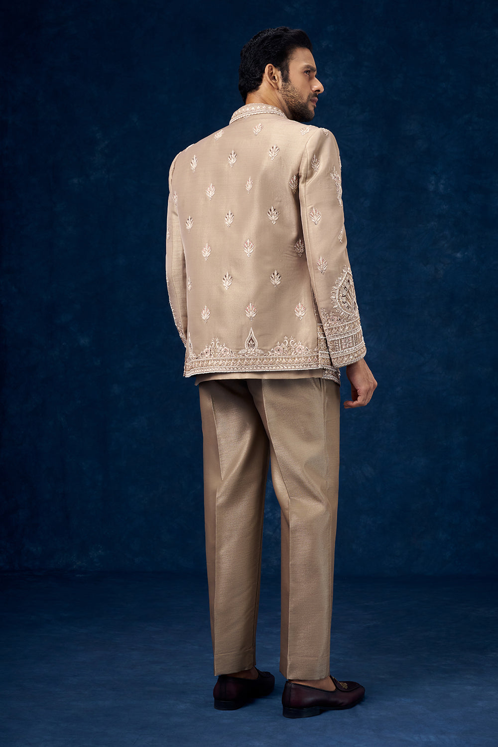 Light Brown Raw Silk Mens Jodhpuri Set with Pearl and Resham Work