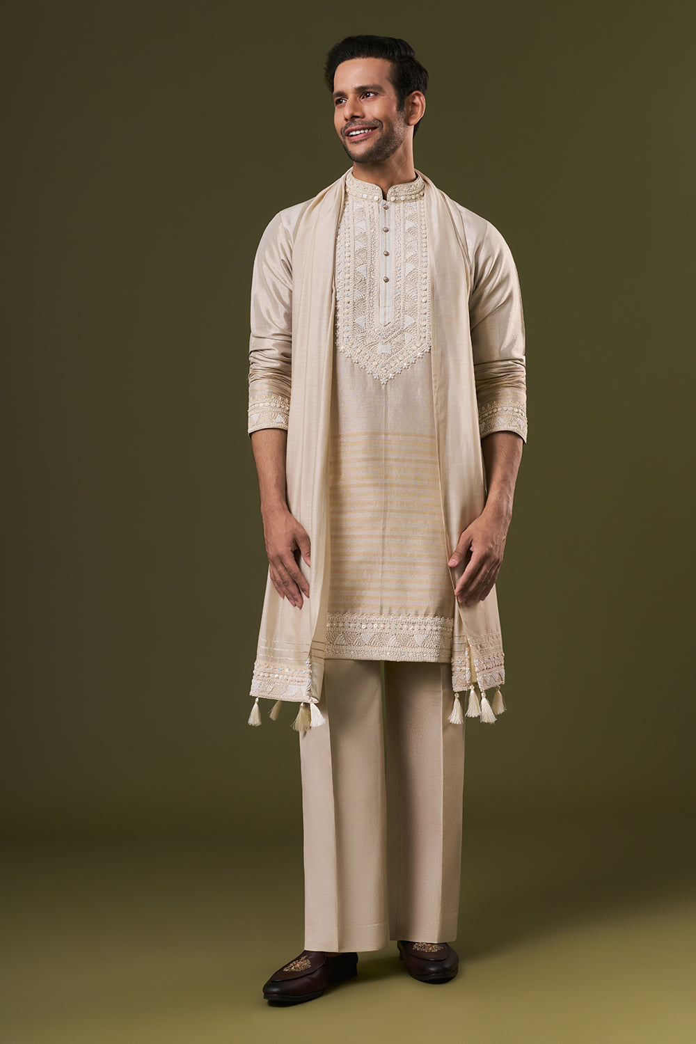 Light Copper Shimmer Mens Kurta Set with Pearl Embroidery