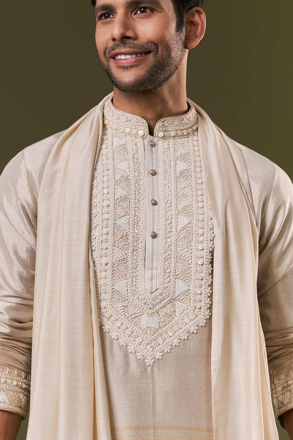 Light Copper Shimmer Mens Kurta Set with Pearl Embroidery