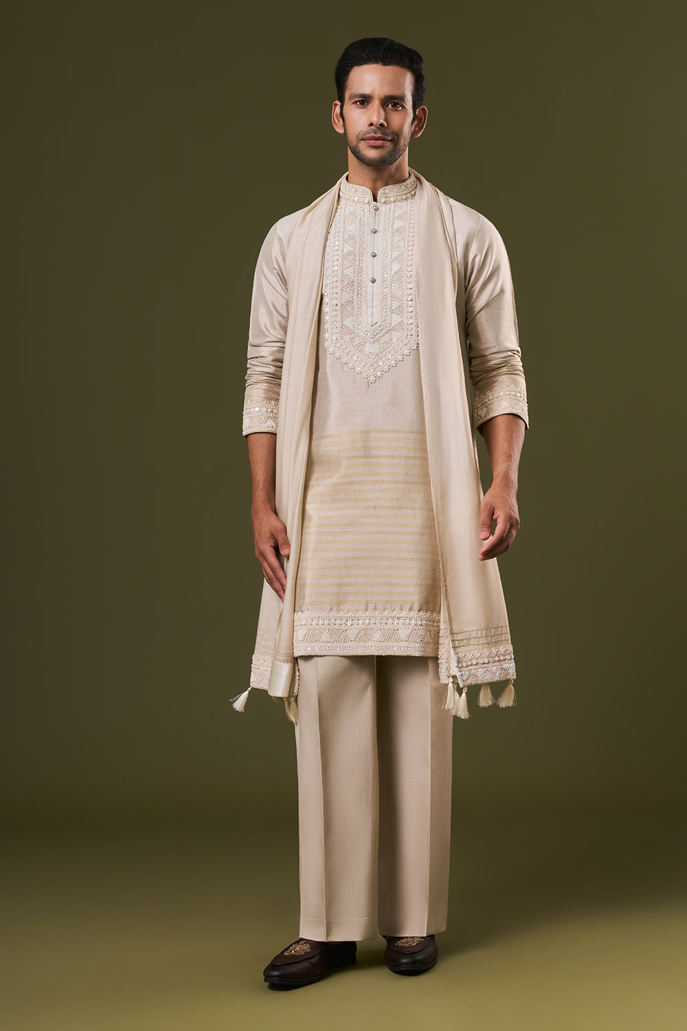 Light Copper Shimmer Mens Kurta Set with Pearl Embroidery