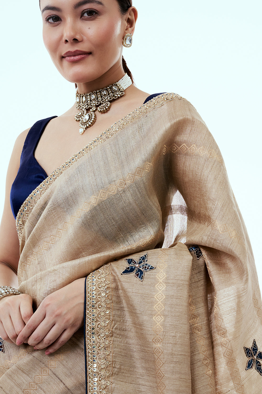 Light Gold Matka Silk Saree with Gota Patti Work