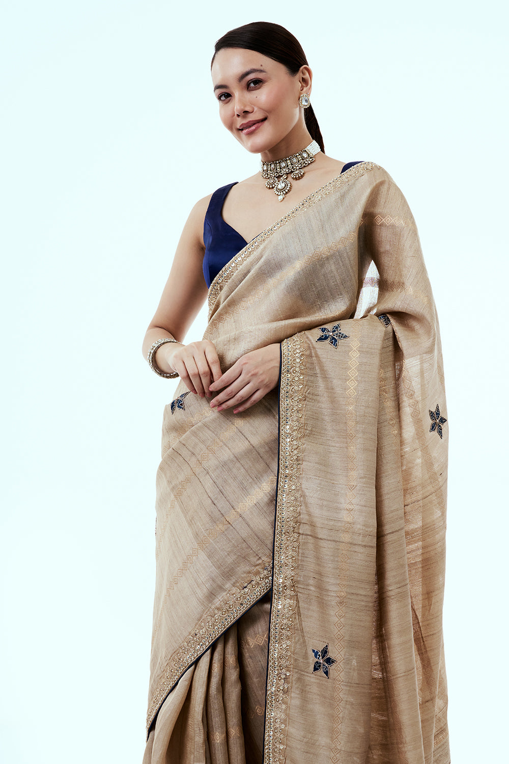 Light Gold Matka Silk Saree with Gota Patti Work
