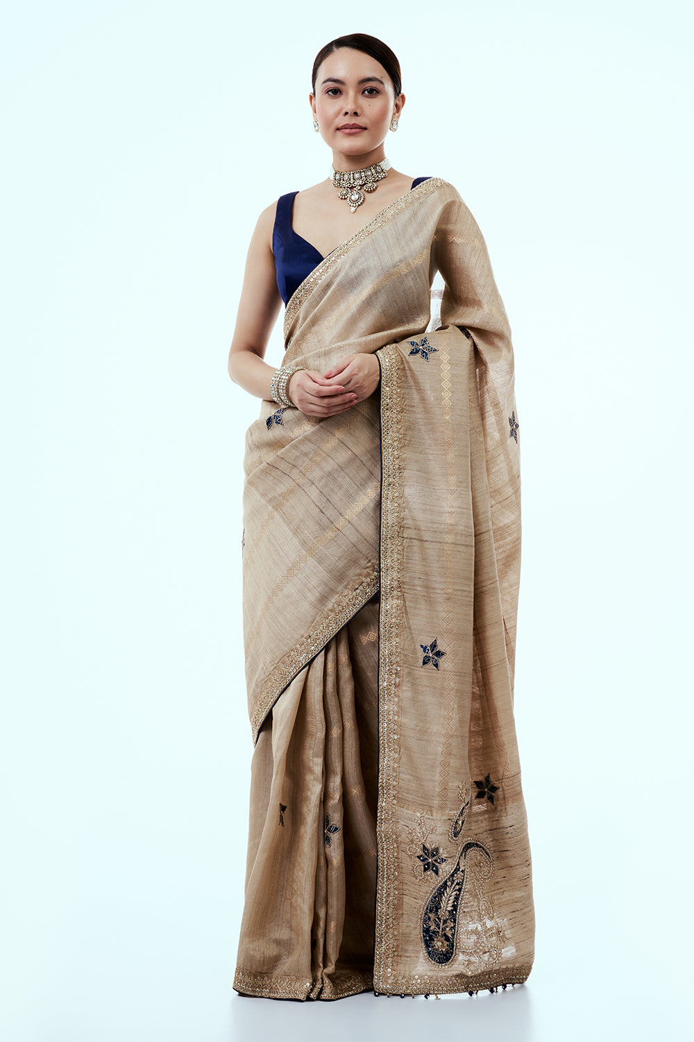 Light Gold Matka Silk Saree with Gota Patti Work