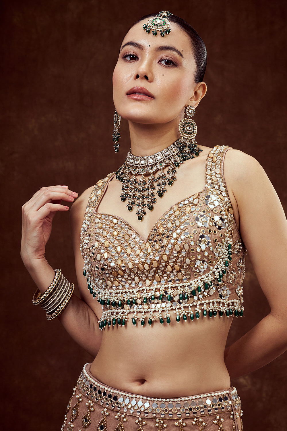 Light Gold Net Bridal Lehenga with Mirror Embroidery