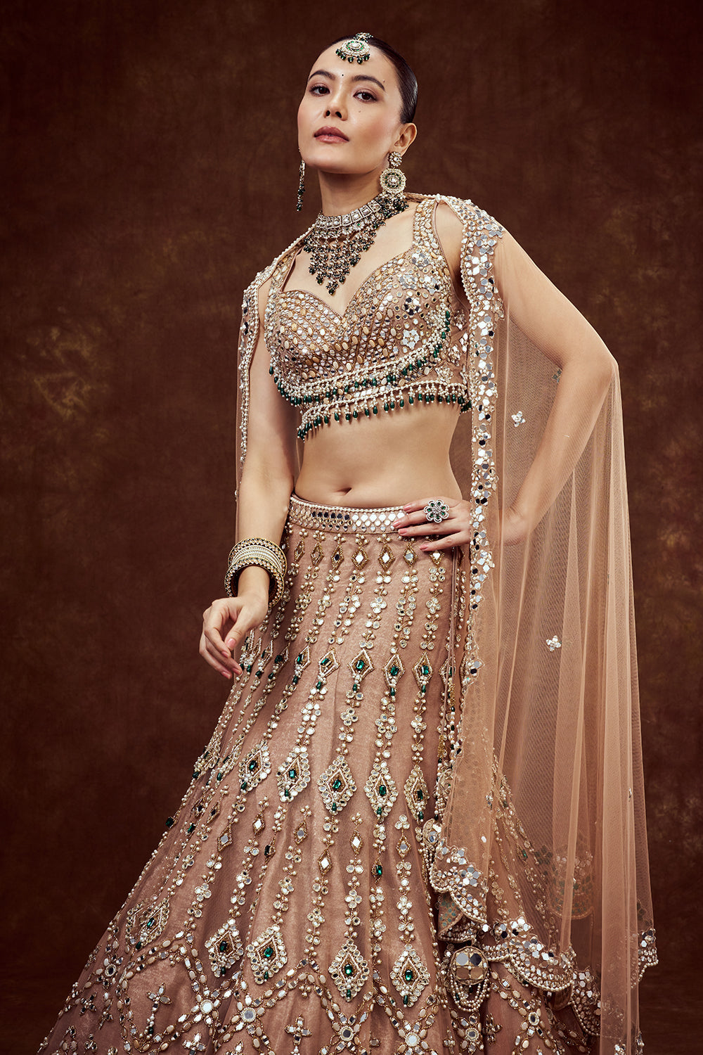 Light Gold Net Bridal Lehenga with Mirror Embroidery