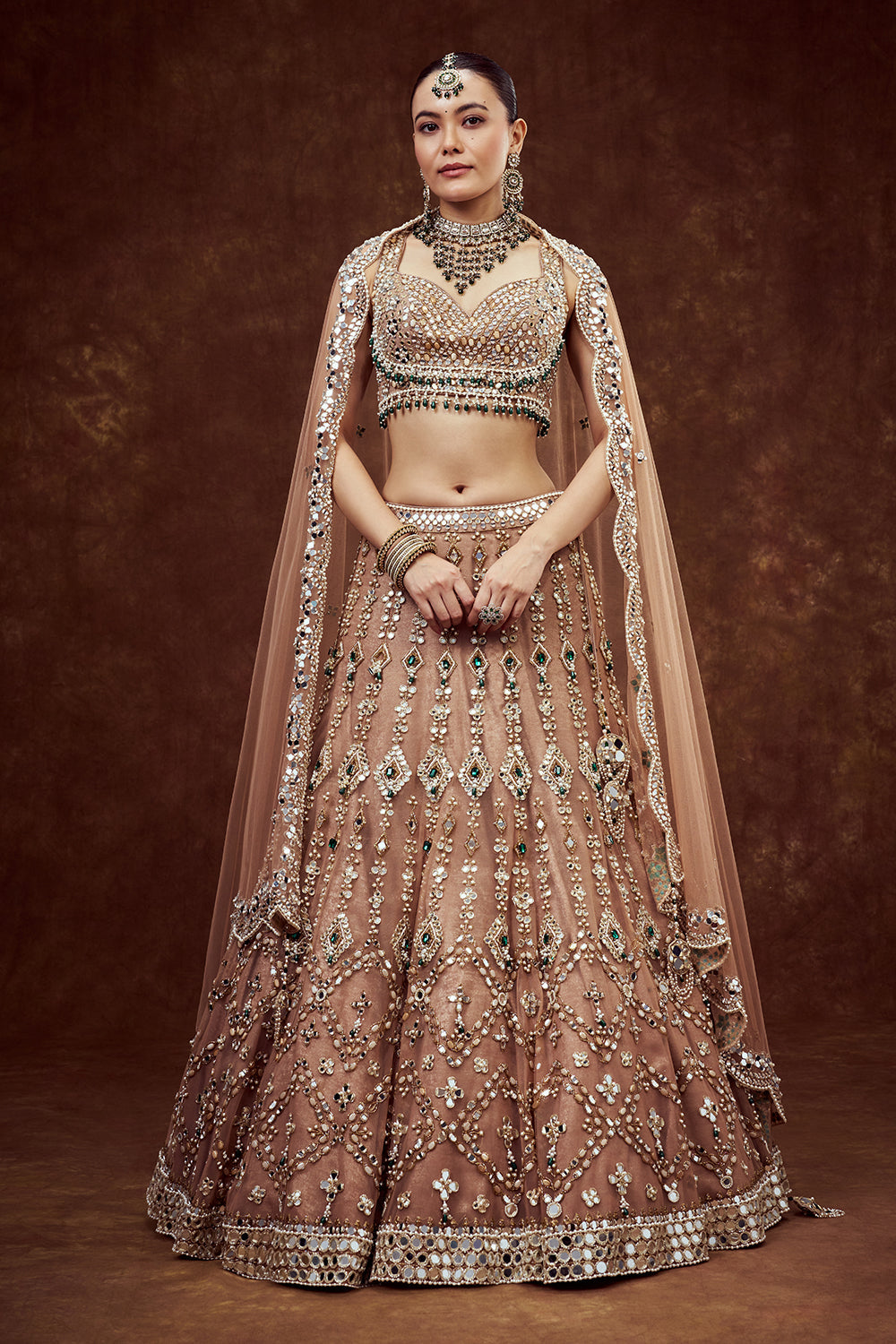 Light Gold Net Bridal Lehenga with Mirror Embroidery