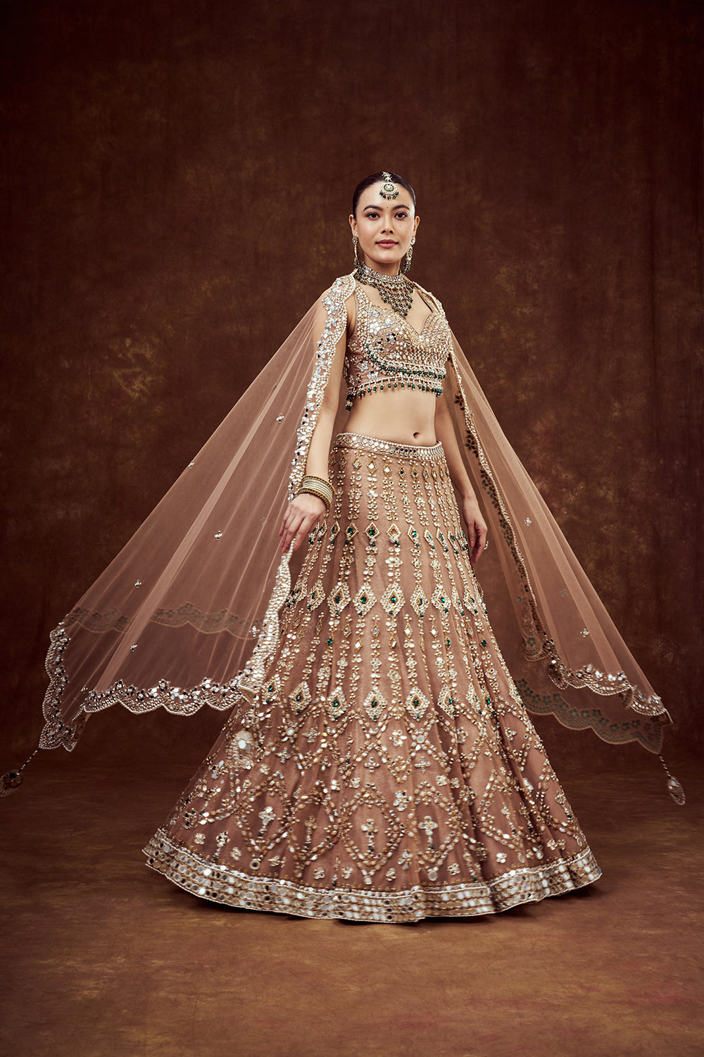 Light Gold Net Bridal Lehenga with Mirror Embroidery