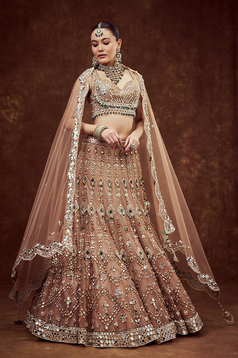 Light Gold Net Bridal Lehenga with Mirror Embroidery