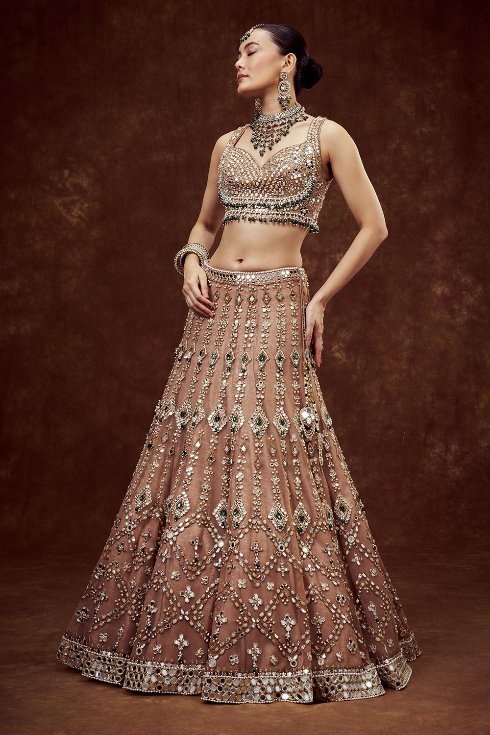 Light Gold Net Bridal Lehenga with Mirror Embroidery